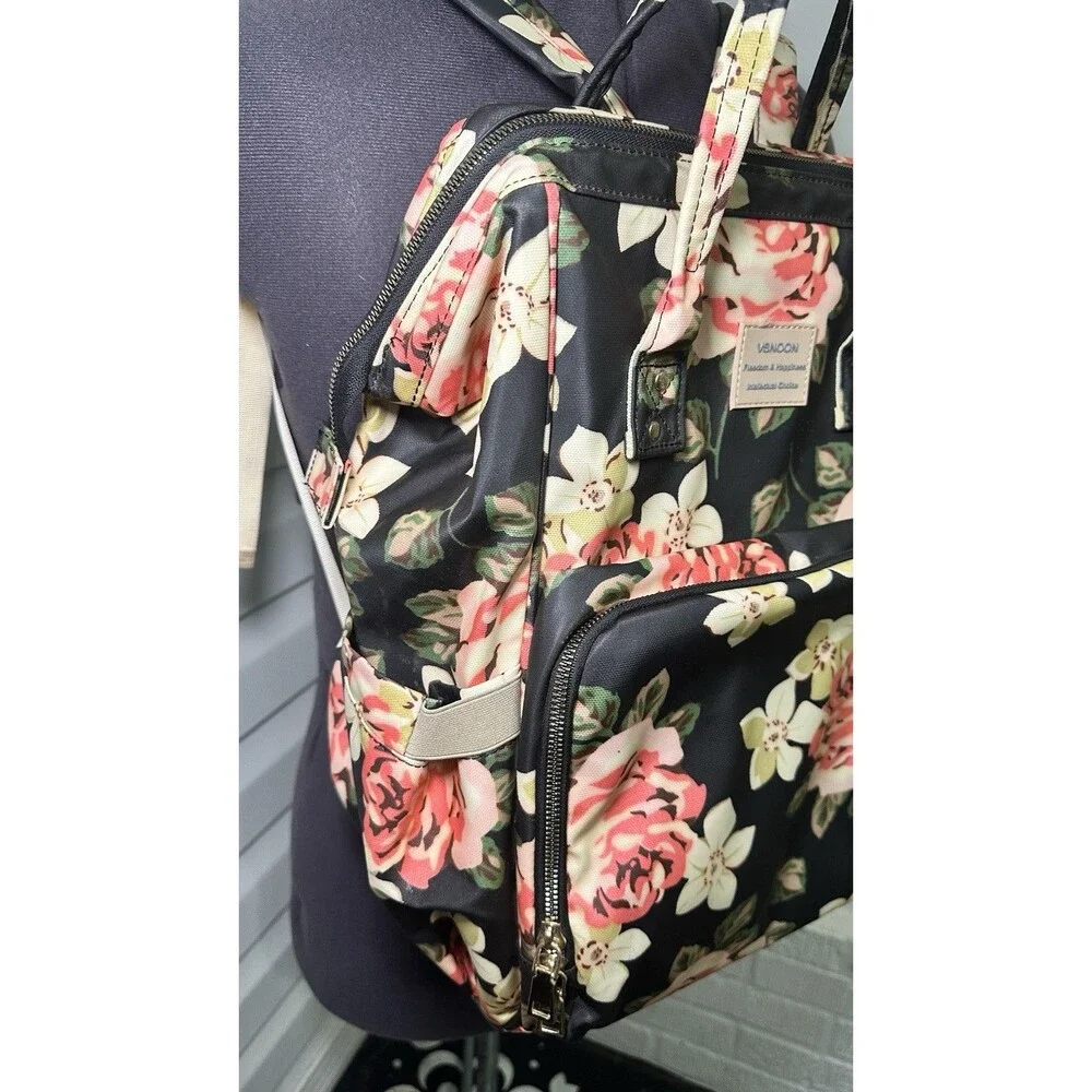 VSNOON Freedom And Happiness Black Floral Backpack Laptop Travel Bag